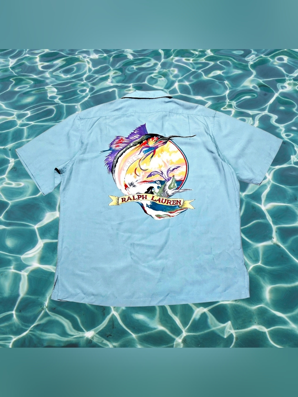 Ralph Lauren Light Blue Short-Sleeve Button-Down with Multicolor Fish Graphic